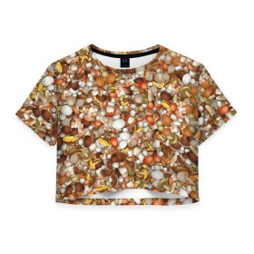 Женская футболка 3D укороченная с принтом Грибы. Много грибов в Тюмени, 100% полиэстер | круглая горловина, длина футболки до линии талии, рукава с отворотами | лес | охота