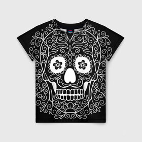 Детская футболка 3D с принтом Мексиканский череп в Тюмени, 100% гипоаллергенный полиэфир | прямой крой, круглый вырез горловины, длина до линии бедер, чуть спущенное плечо, ткань немного тянется | cobwebs | color | day of the dead | dead | death | eyes | girl | halloween | holiday | makeup | mask | mexican skull | mexico | ornament | pattern | взгляд | девушка | день мертвых | макияж | маска | мексика | мексиканский череп | мертвецов | орнамент | п