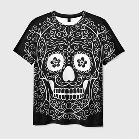 Мужская футболка 3D с принтом Мексиканский череп в Тюмени, 100% полиэфир | прямой крой, круглый вырез горловины, длина до линии бедер | cobwebs | color | day of the dead | dead | death | eyes | girl | halloween | holiday | makeup | mask | mexican skull | mexico | ornament | pattern | взгляд | девушка | день мертвых | макияж | маска | мексика | мексиканский череп | мертвецов | орнамент | п