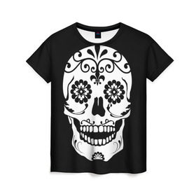 Женская футболка 3D с принтом Мексиканский череп в Тюмени, 100% полиэфир ( синтетическое хлопкоподобное полотно) | прямой крой, круглый вырез горловины, длина до линии бедер | cobwebs | color | day of the dead | dead | death | eyes | girl | halloween | holiday | makeup | mask | mexican skull | mexico | ornament | pattern | взгляд | девушка | день мертвых | макияж | маска | мексика | мексиканский череп | мертвецов | орнамент | п
