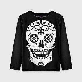 Детский лонгслив 3D с принтом Мексиканский череп в Тюмени, 100% полиэстер | длинные рукава, круглый вырез горловины, полуприлегающий силуэт
 | cobwebs | color | day of the dead | dead | death | eyes | girl | halloween | holiday | makeup | mask | mexican skull | mexico | ornament | pattern | взгляд | девушка | день мертвых | макияж | маска | мексика | мексиканский череп | мертвецов | орнамент | п