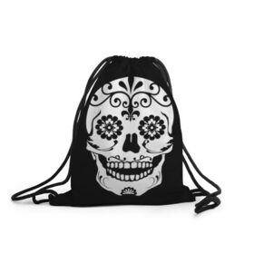 Рюкзак-мешок 3D с принтом Мексиканский череп в Тюмени, 100% полиэстер | плотность ткани — 200 г/м2, размер — 35 х 45 см; лямки — толстые шнурки, застежка на шнуровке, без карманов и подкладки | cobwebs | color | day of the dead | dead | death | eyes | girl | halloween | holiday | makeup | mask | mexican skull | mexico | ornament | pattern | взгляд | девушка | день мертвых | макияж | маска | мексика | мексиканский череп | мертвецов | орнамент | п