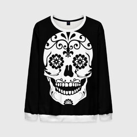 Мужской свитшот 3D с принтом Мексиканский череп в Тюмени, 100% полиэстер с мягким внутренним слоем | круглый вырез горловины, мягкая резинка на манжетах и поясе, свободная посадка по фигуре | cobwebs | color | day of the dead | dead | death | eyes | girl | halloween | holiday | makeup | mask | mexican skull | mexico | ornament | pattern | взгляд | девушка | день мертвых | макияж | маска | мексика | мексиканский череп | мертвецов | орнамент | п
