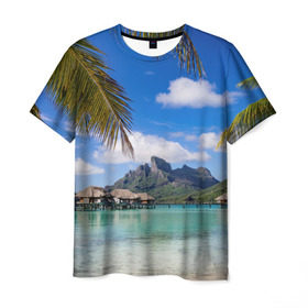 Мужская футболка 3D с принтом Бора-Бора в Тюмени, 100% полиэфир | прямой крой, круглый вырез горловины, длина до линии бедер | архипелаг | блаженство | бора бора | бунгало | жемчужина тихого океана | загар | каникулы | море | океан | остров | отдых | отпуск | пальмы | песок | пляж | рай | сказка | солнце | таити | туризм