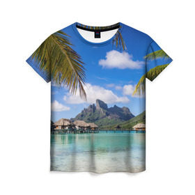 Женская футболка 3D с принтом Бора-Бора в Тюмени, 100% полиэфир ( синтетическое хлопкоподобное полотно) | прямой крой, круглый вырез горловины, длина до линии бедер | архипелаг | блаженство | бора бора | бунгало | жемчужина тихого океана | загар | каникулы | море | океан | остров | отдых | отпуск | пальмы | песок | пляж | рай | сказка | солнце | таити | туризм