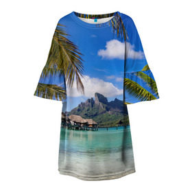 Детское платье 3D с принтом Бора-Бора в Тюмени, 100% полиэстер | прямой силуэт, чуть расширенный к низу. Круглая горловина, на рукавах — воланы | архипелаг | блаженство | бора бора | бунгало | жемчужина тихого океана | загар | каникулы | море | океан | остров | отдых | отпуск | пальмы | песок | пляж | рай | сказка | солнце | таити | туризм