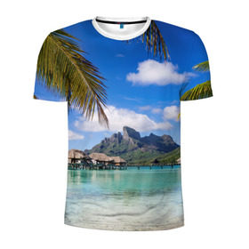 Мужская футболка 3D спортивная с принтом Бора-Бора в Тюмени, 100% полиэстер с улучшенными характеристиками | приталенный силуэт, круглая горловина, широкие плечи, сужается к линии бедра | архипелаг | блаженство | бора бора | бунгало | жемчужина тихого океана | загар | каникулы | море | океан | остров | отдых | отпуск | пальмы | песок | пляж | рай | сказка | солнце | таити | туризм
