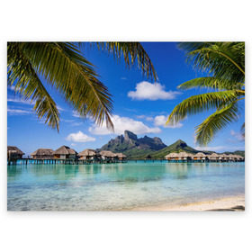 Поздравительная открытка с принтом Бора-Бора в Тюмени, 100% бумага | плотность бумаги 280 г/м2, матовая, на обратной стороне линовка и место для марки
 | архипелаг | блаженство | бора бора | бунгало | жемчужина тихого океана | загар | каникулы | море | океан | остров | отдых | отпуск | пальмы | песок | пляж | рай | сказка | солнце | таити | туризм