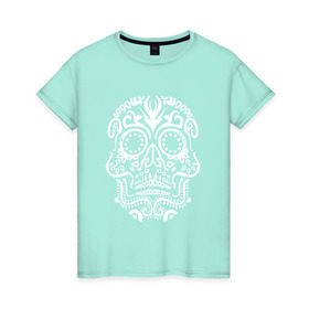 Женская футболка хлопок с принтом Мексиканский череп в Тюмени, 100% хлопок | прямой крой, круглый вырез горловины, длина до линии бедер, слегка спущенное плечо | mexi | день мертвых | мексика | мексиканский череп | мертвецов | орнамент | праздник | узоры | цветы