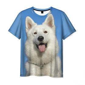 Мужская футболка 3D с принтом белый пес в Тюмени, 100% полиэфир | прямой крой, круглый вырез горловины, длина до линии бедер | dog | friend | взгляд | волк | друг | пес | собака | хаски