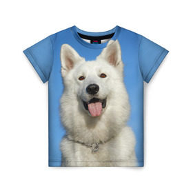 Детская футболка 3D с принтом белый пес в Тюмени, 100% гипоаллергенный полиэфир | прямой крой, круглый вырез горловины, длина до линии бедер, чуть спущенное плечо, ткань немного тянется | dog | friend | взгляд | волк | друг | пес | собака | хаски