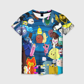 Женская футболка 3D с принтом Adventure Time 1 в Тюмени, 100% полиэфир ( синтетическое хлопкоподобное полотно) | прямой крой, круглый вырез горловины, длина до линии бедер | Тематика изображения на принте: adventure time | bubblegum | dog | finn | jake | marcelline | время приключений | джейк и финн | марселин | пупырка