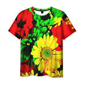 Мужская футболка 3D с принтом Цветочки в Тюмени, 100% полиэфир | прямой крой, круглый вырез горловины, длина до линии бедер | желтый | зеленый | красный | цветы