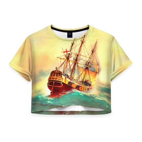 Женская футболка 3D укороченная с принтом Парусник в Тюмени, 100% полиэстер | круглая горловина, длина футболки до линии талии, рукава с отворотами | волны | исторический | корабль | море | океан