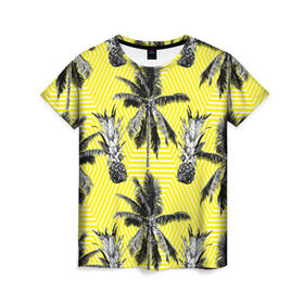 Женская футболка 3D с принтом Ананасы 18 в Тюмени, 100% полиэфир ( синтетическое хлопкоподобное полотно) | прямой крой, круглый вырез горловины, длина до линии бедер | летний | паттерн | светлый