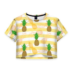 Женская футболка 3D укороченная с принтом Ананасы 21 в Тюмени, 100% полиэстер | круглая горловина, длина футболки до линии талии, рукава с отворотами | летний | паттерн | светлый