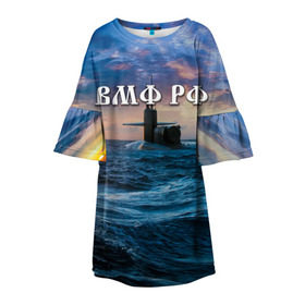 Детское платье 3D с принтом Подводная лодка в Тюмени, 100% полиэстер | прямой силуэт, чуть расширенный к низу. Круглая горловина, на рукавах — воланы | Тематика изображения на принте: вмф | морской флот | моряк | тельняшка | флот | якорь