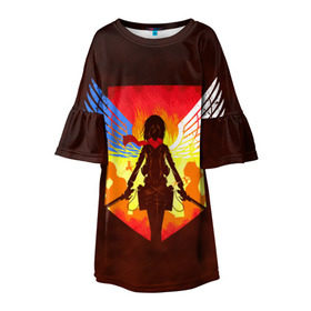 Детское платье 3D с принтом Attack on Titan - Mikasa в Тюмени, 100% полиэстер | прямой силуэт, чуть расширенный к низу. Круглая горловина, на рукавах — воланы | Тематика изображения на принте: akkerman | attack on titan | mikasa | аккерман | вторжение гигантов | микаса