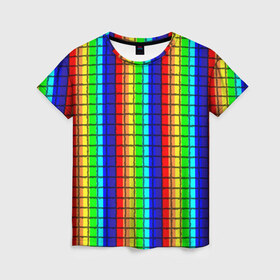 Женская футболка 3D с принтом Радуга (Полосы в мозайку) в Тюмени, 100% полиэфир ( синтетическое хлопкоподобное полотно) | прямой крой, круглый вырез горловины, длина до линии бедер | вертикальные | жёлтый | зелёный | красный | оранжевый | полосы | радуга | синий | фиолетовый