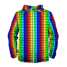 Мужская ветровка 3D с принтом Радуга (Полосы в мозайку) в Тюмени, 100% полиэстер | подол и капюшон оформлены резинкой с фиксаторами, два кармана без застежек по бокам, один потайной карман на груди | Тематика изображения на принте: вертикальные | жёлтый | зелёный | красный | оранжевый | полосы | радуга | синий | фиолетовый