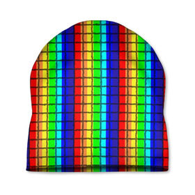 Шапка 3D с принтом Радуга (Полосы в мозайку) в Тюмени, 100% полиэстер | универсальный размер, печать по всей поверхности изделия | вертикальные | жёлтый | зелёный | красный | оранжевый | полосы | радуга | синий | фиолетовый