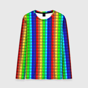 Мужской лонгслив 3D с принтом Радуга (Полосы в мозайку) в Тюмени, 100% полиэстер | длинные рукава, круглый вырез горловины, полуприлегающий силуэт | вертикальные | жёлтый | зелёный | красный | оранжевый | полосы | радуга | синий | фиолетовый