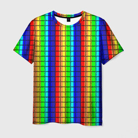 Мужская футболка 3D с принтом Радуга (Полосы в мозайку) в Тюмени, 100% полиэфир | прямой крой, круглый вырез горловины, длина до линии бедер | Тематика изображения на принте: вертикальные | жёлтый | зелёный | красный | оранжевый | полосы | радуга | синий | фиолетовый