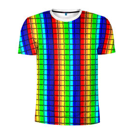 Мужская футболка 3D спортивная с принтом Радуга (Полосы в мозайку) в Тюмени, 100% полиэстер с улучшенными характеристиками | приталенный силуэт, круглая горловина, широкие плечи, сужается к линии бедра | Тематика изображения на принте: вертикальные | жёлтый | зелёный | красный | оранжевый | полосы | радуга | синий | фиолетовый