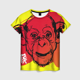 Женская футболка 3D с принтом Fire Monkey в Тюмени, 100% полиэфир ( синтетическое хлопкоподобное полотно) | прямой крой, круглый вырез горловины, длина до линии бедер | мартышка | обезьяна | огненная