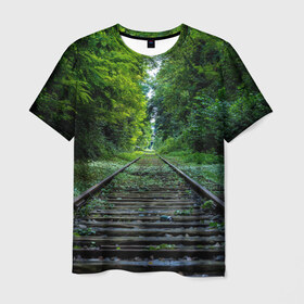 Мужская футболка 3D с принтом Лес в Тюмени, 100% полиэфир | прямой крой, круглый вырез горловины, длина до линии бедер | forest | деревья | дорога | зелень | лес | рельсы | сосны | тайга