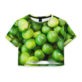Женская футболка 3D укороченная с принтом Лаймы в Тюмени, 100% полиэстер | круглая горловина, длина футболки до линии талии, рукава с отворотами | Тематика изображения на принте: зелень | лаймы | лето | лимоны | солнце | текстура | фрукты