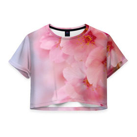 Женская футболка 3D укороченная с принтом Сакура в Тюмени, 100% полиэстер | круглая горловина, длина футболки до линии талии, рукава с отворотами | весна | вишня | розовый | цветение | цветы | япония