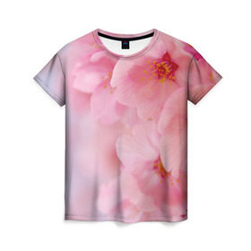 Женская футболка 3D с принтом Сакура в Тюмени, 100% полиэфир ( синтетическое хлопкоподобное полотно) | прямой крой, круглый вырез горловины, длина до линии бедер | весна | вишня | розовый | цветение | цветы | япония