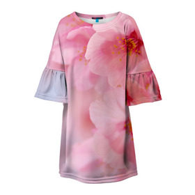Детское платье 3D с принтом Сакура в Тюмени, 100% полиэстер | прямой силуэт, чуть расширенный к низу. Круглая горловина, на рукавах — воланы | Тематика изображения на принте: весна | вишня | розовый | цветение | цветы | япония