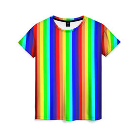 Женская футболка 3D с принтом Радуга вертикальные полосы в Тюмени, 100% полиэфир ( синтетическое хлопкоподобное полотно) | прямой крой, круглый вырез горловины, длина до линии бедер | вертикальные | жёлтый | зелёный | красный | оранжевый | полосы | радуга | синий | фиолетовый