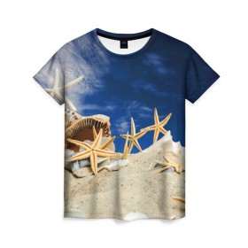 Женская футболка 3D с принтом Морской пляж 1 в Тюмени, 100% полиэфир ( синтетическое хлопкоподобное полотно) | прямой крой, круглый вырез горловины, длина до линии бедер | море | отдых | отпуск | пляж | ракушки | туризм