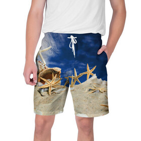 Мужские шорты 3D с принтом Морской пляж 1 в Тюмени,  полиэстер 100% | прямой крой, два кармана без застежек по бокам. Мягкая трикотажная резинка на поясе, внутри которой широкие завязки. Длина чуть выше колен | море | отдых | отпуск | пляж | ракушки | туризм