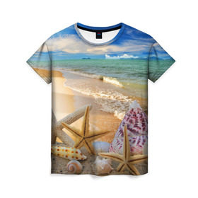 Женская футболка 3D с принтом Морской пляж 2 в Тюмени, 100% полиэфир ( синтетическое хлопкоподобное полотно) | прямой крой, круглый вырез горловины, длина до линии бедер | море | отдых | отпуск | пляж | ракушки | туризм