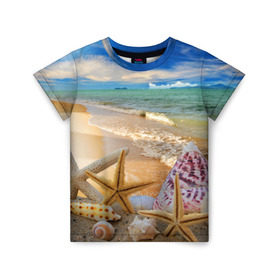 Детская футболка 3D с принтом Морской пляж 2 в Тюмени, 100% гипоаллергенный полиэфир | прямой крой, круглый вырез горловины, длина до линии бедер, чуть спущенное плечо, ткань немного тянется | море | отдых | отпуск | пляж | ракушки | туризм