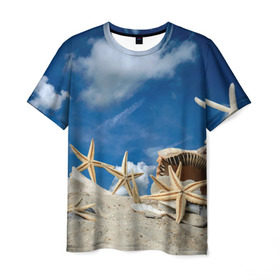 Мужская футболка 3D с принтом Морской пляж 3 в Тюмени, 100% полиэфир | прямой крой, круглый вырез горловины, длина до линии бедер | море | отдых | отпуск | пляж | ракушки | туризм