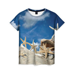 Женская футболка 3D с принтом Морской пляж 3 в Тюмени, 100% полиэфир ( синтетическое хлопкоподобное полотно) | прямой крой, круглый вырез горловины, длина до линии бедер | море | отдых | отпуск | пляж | ракушки | туризм