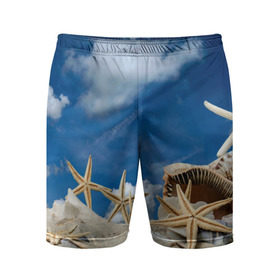 Мужские шорты 3D спортивные с принтом Морской пляж 3 в Тюмени,  |  | море | отдых | отпуск | пляж | ракушки | туризм