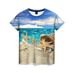 Женская футболка 3D с принтом Морской пляж 4 в Тюмени, 100% полиэфир ( синтетическое хлопкоподобное полотно) | прямой крой, круглый вырез горловины, длина до линии бедер | море | отдых | отпуск | пляж | ракушки | туризм