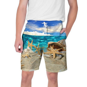 Мужские шорты 3D с принтом Морской пляж 4 в Тюмени,  полиэстер 100% | прямой крой, два кармана без застежек по бокам. Мягкая трикотажная резинка на поясе, внутри которой широкие завязки. Длина чуть выше колен | море | отдых | отпуск | пляж | ракушки | туризм