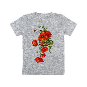Детская футболка хлопок с принтом Маки в Тюмени, 100% хлопок | круглый вырез горловины, полуприлегающий силуэт, длина до линии бедер | embroidery | flowers | poppies | red | wild | вышивка | красные | маки | полевые | цветы