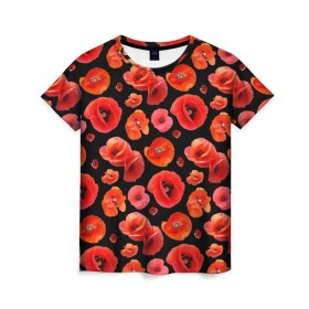 Женская футболка 3D с принтом Маки в Тюмени, 100% полиэфир ( синтетическое хлопкоподобное полотно) | прямой крой, круглый вырез горловины, длина до линии бедер | flowers | красные | маки | цветы