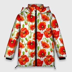 Женская зимняя куртка 3D с принтом Маки в Тюмени, верх — 100% полиэстер; подкладка — 100% полиэстер; утеплитель — 100% полиэстер | длина ниже бедра, силуэт Оверсайз. Есть воротник-стойка, отстегивающийся капюшон и ветрозащитная планка. 

Боковые карманы с листочкой на кнопках и внутренний карман на молнии | flowers | красные | маки | паттерн | цветы