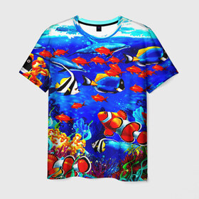 Мужская футболка 3D с принтом Рыбки в Тюмени, 100% полиэфир | прямой крой, круглый вырез горловины, длина до линии бедер | аквариум | вода | лето | море | риф | рыбки | тропики | фауна
