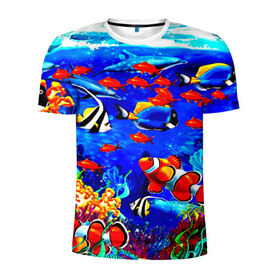 Мужская футболка 3D спортивная с принтом Рыбки в Тюмени, 100% полиэстер с улучшенными характеристиками | приталенный силуэт, круглая горловина, широкие плечи, сужается к линии бедра | аквариум | вода | лето | море | риф | рыбки | тропики | фауна