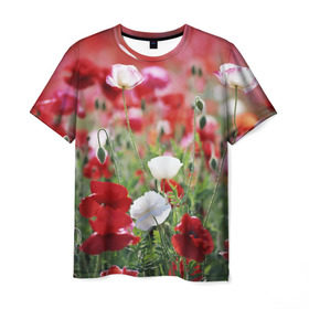Мужская футболка 3D с принтом Маки в Тюмени, 100% полиэфир | прямой крой, круглый вырез горловины, длина до линии бедер | field | flowers | meadow | poppies | red | white | белые | красные | луг | маки | поле | полевые | цветы